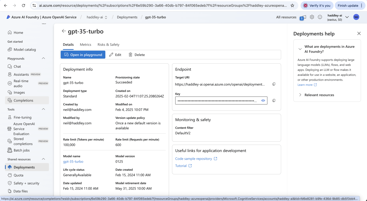 I reviewed the Endpoint details (the Target URI and the Key)