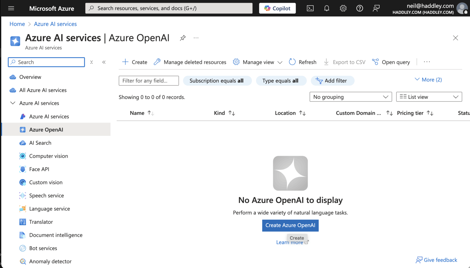 I clicked the Create Azure OpenAI button