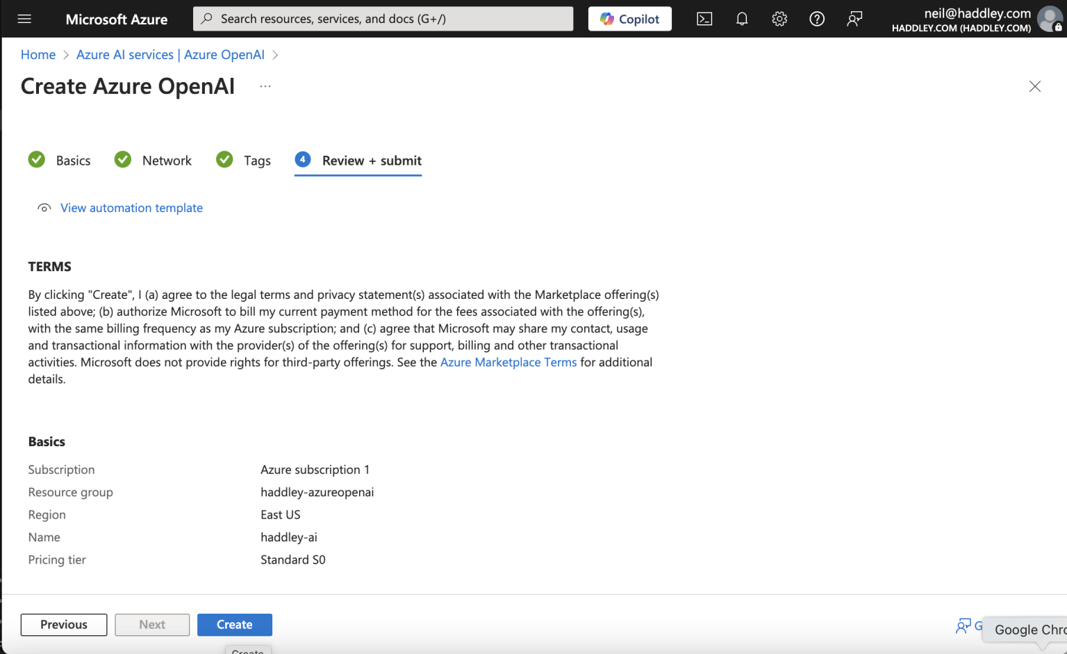 I reviewed the terms and clicked the Create button