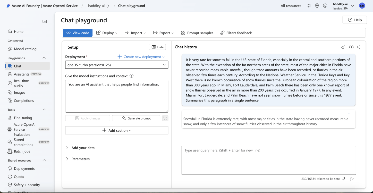I used Chat playground to test the deployment/model