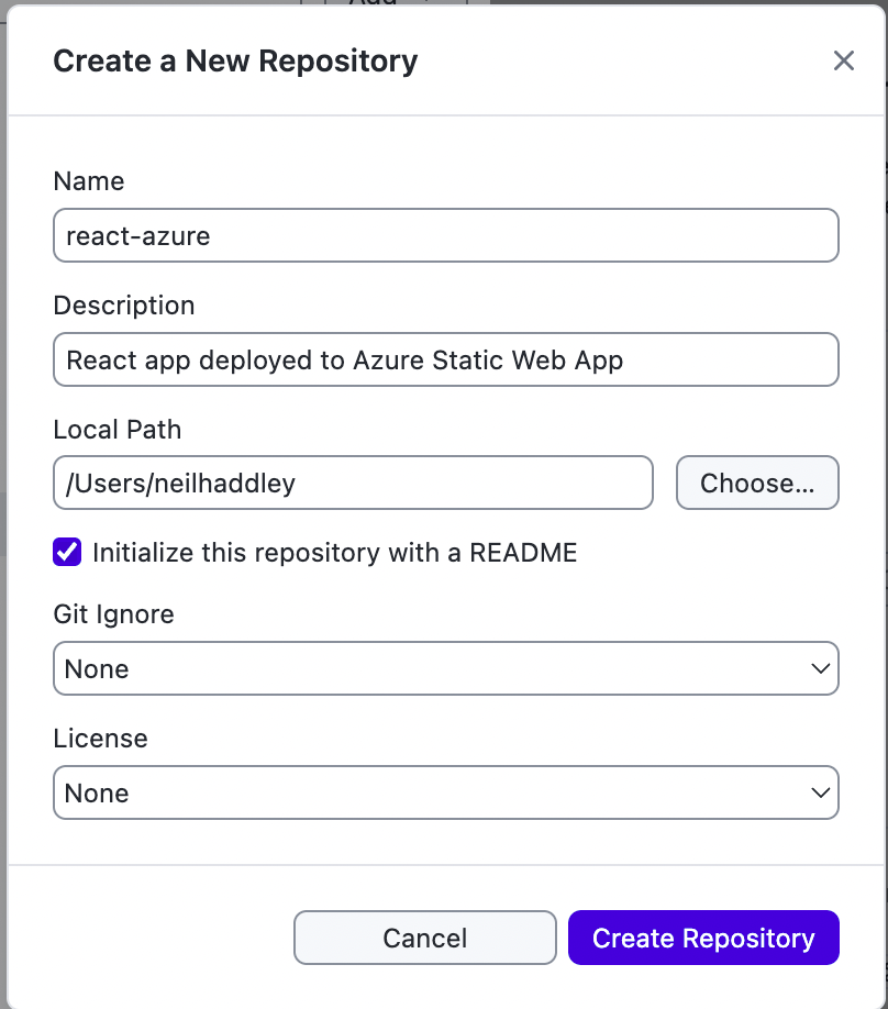 I named the repository react-azure