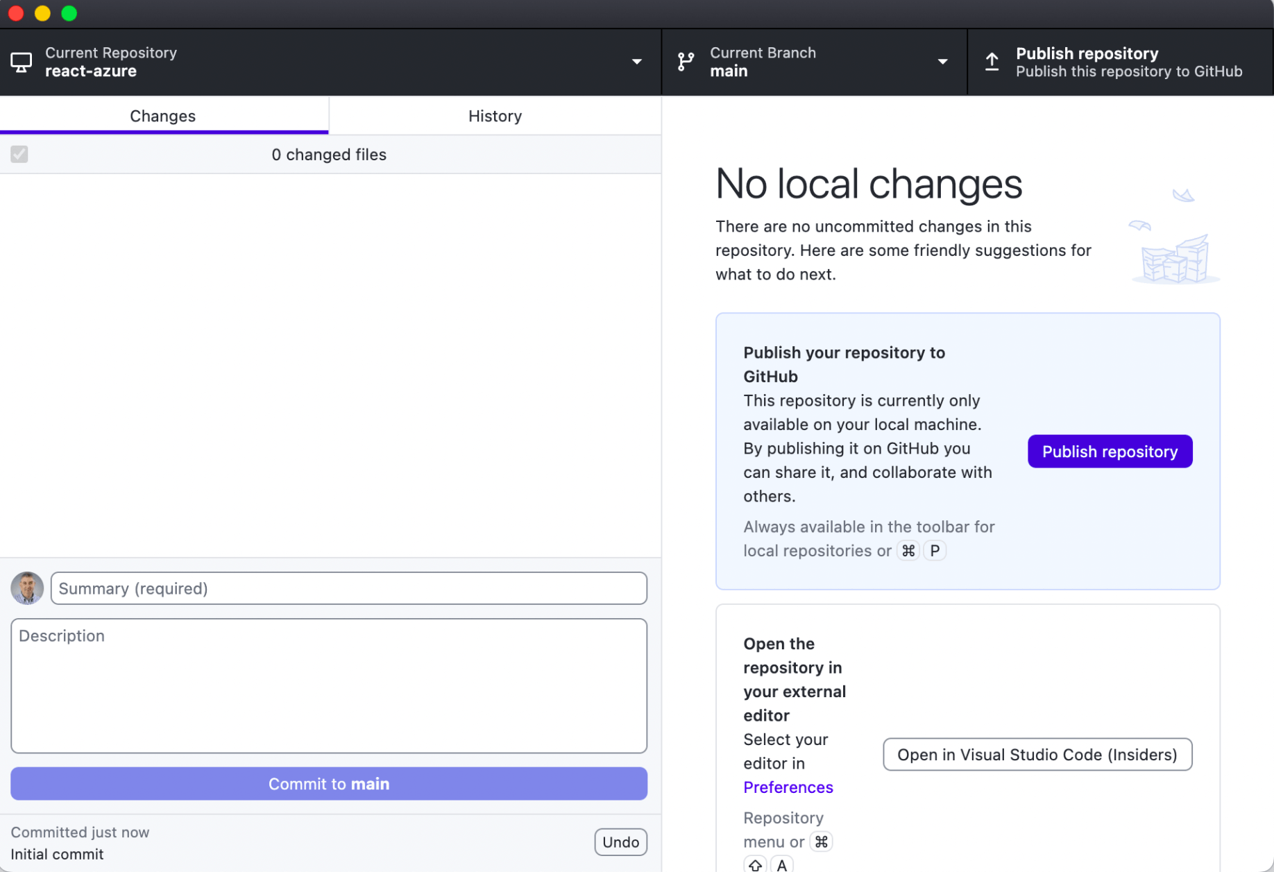 I published the empty repository to GitHub. I clicked on the Open in Visual Studio Code (insiders) button
