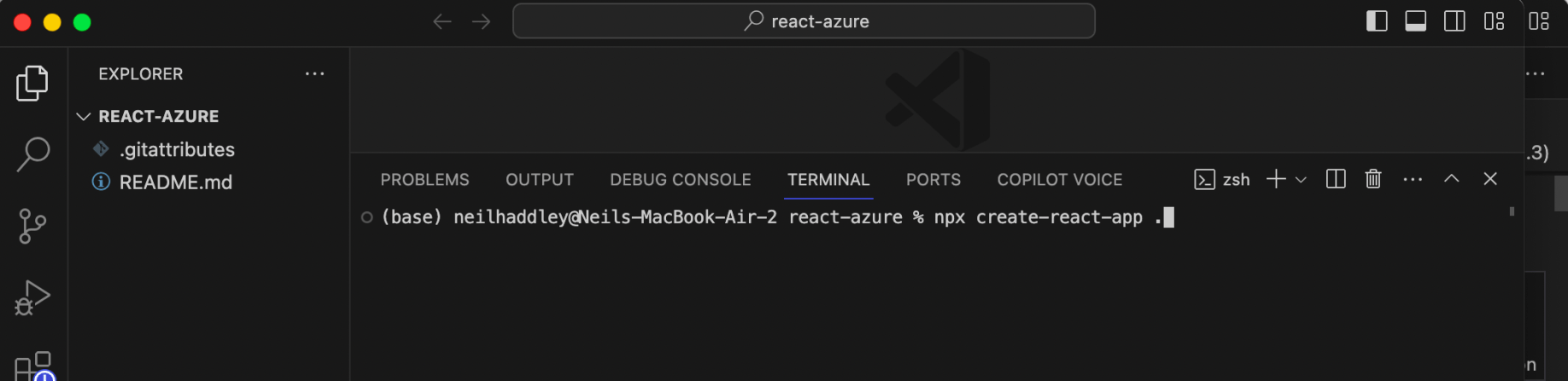 I opened a terminal and ran npx create-react-app . to create a new React app.