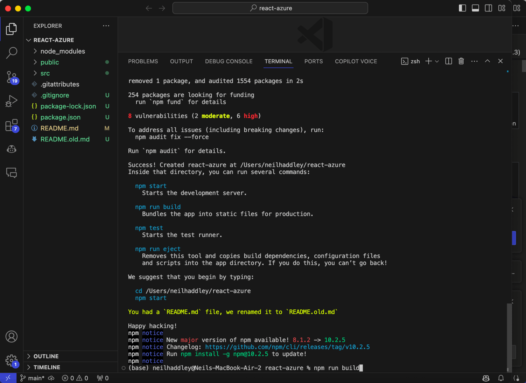 create-react-app finished. I ran npm run build to build the React project