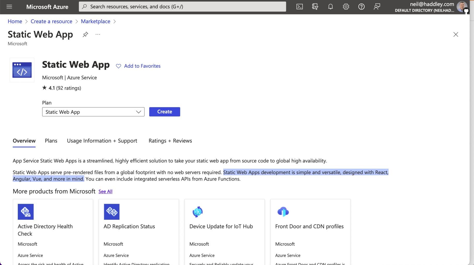 I created a Static Web App (in the Azure portal)