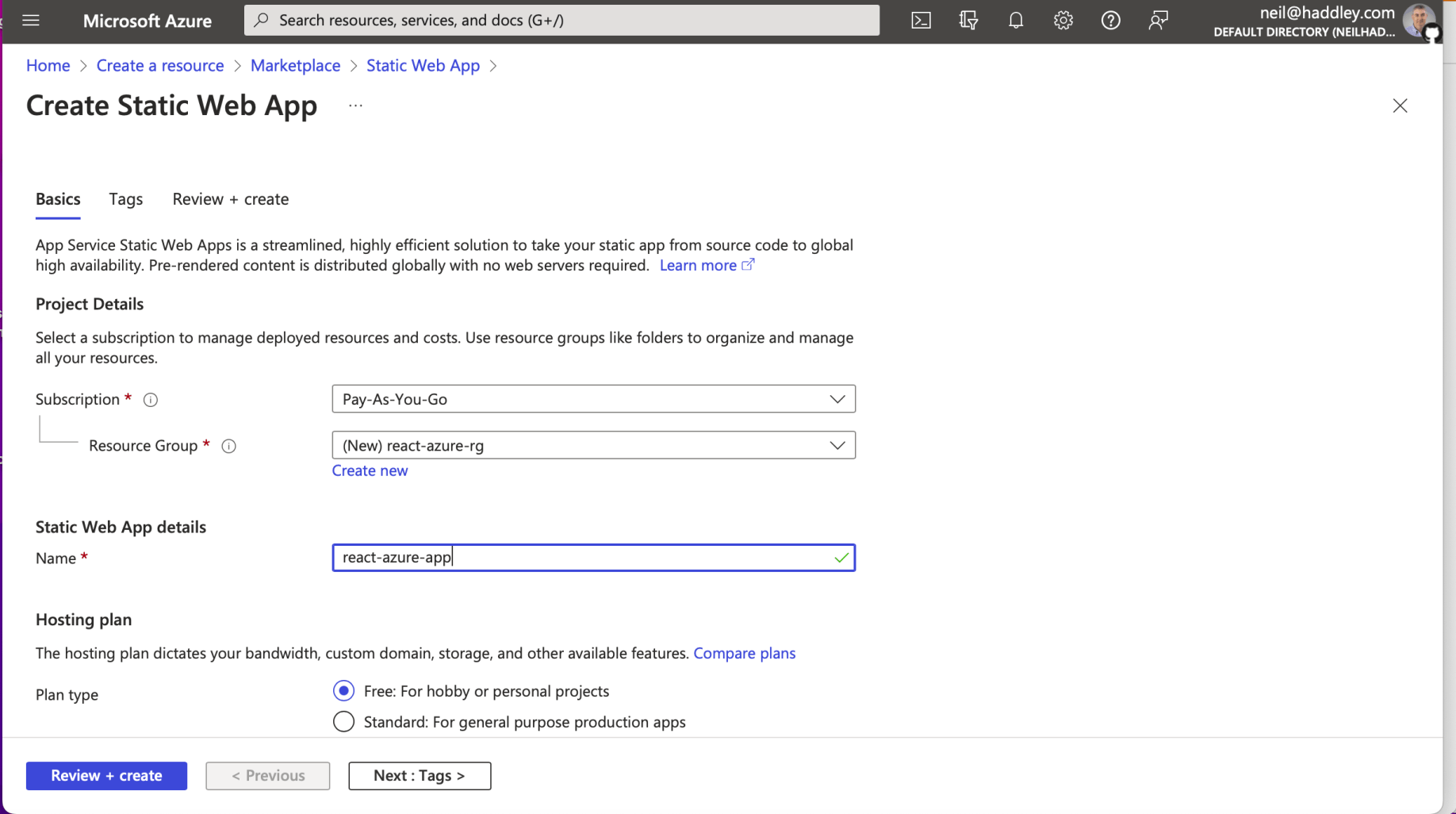 I created a new Resource Group and a new Static Web App. I selected the free plan
