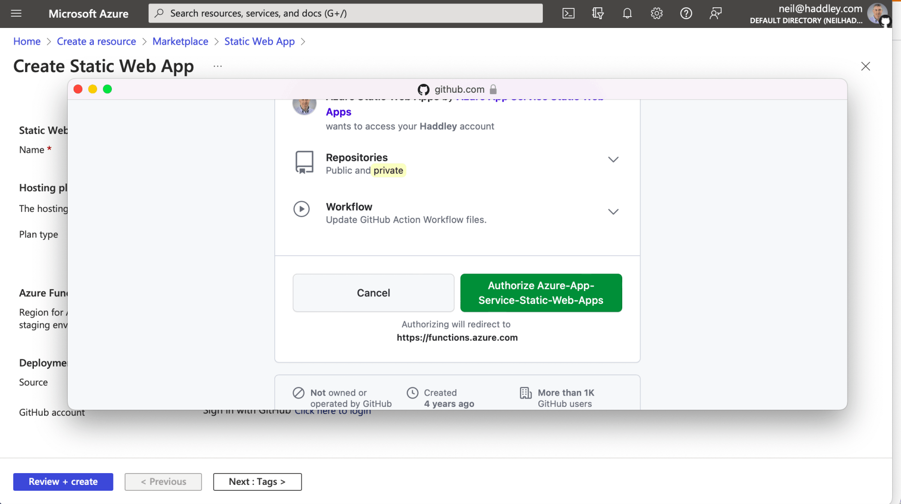 I logged into GitHub and clicked the Authorize Azure... button