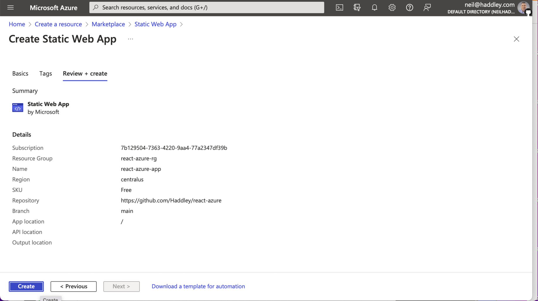 I reviewed the Static Web App details and clicked the Create button