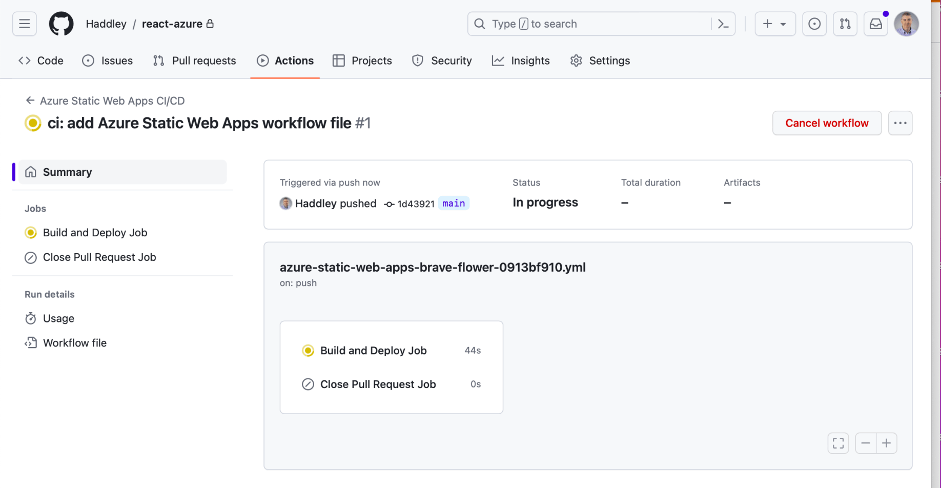 The GitHub Action built the React application