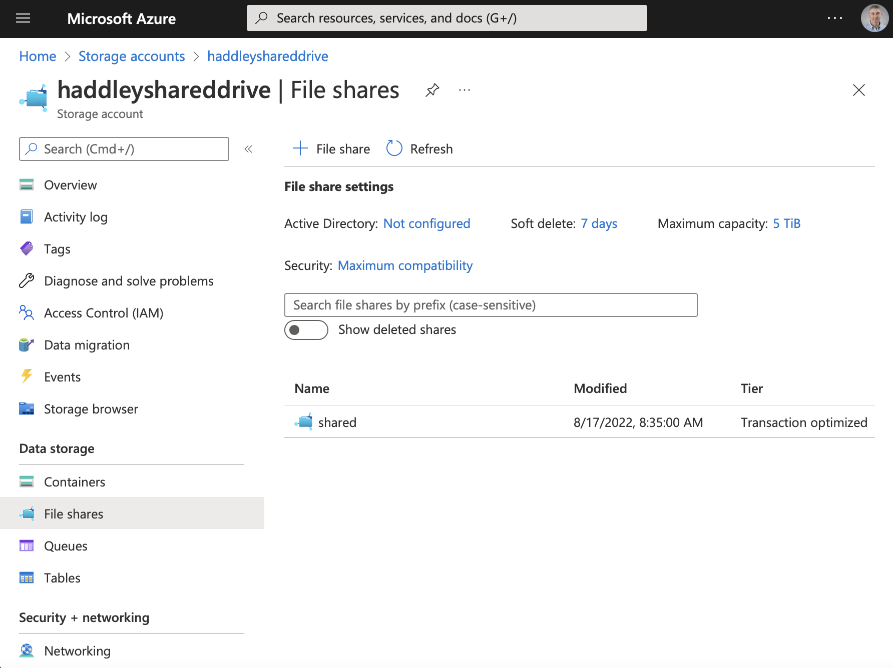 'shared' file share has been created