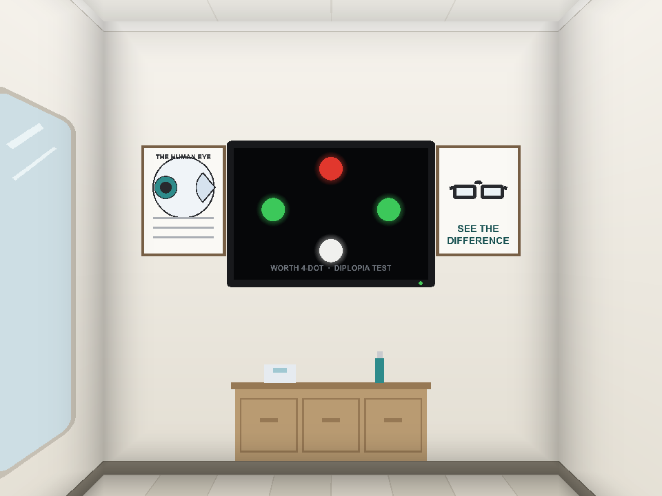 A stylized optometrist's office, rendered as a cubemap skybox: the eye chart wall, with a Worth 4-Dot double-vision test on the digital display. Each face of the cube is one wall of the room, so the skybox reads as a real interior — and the whole scene costs one draw call.