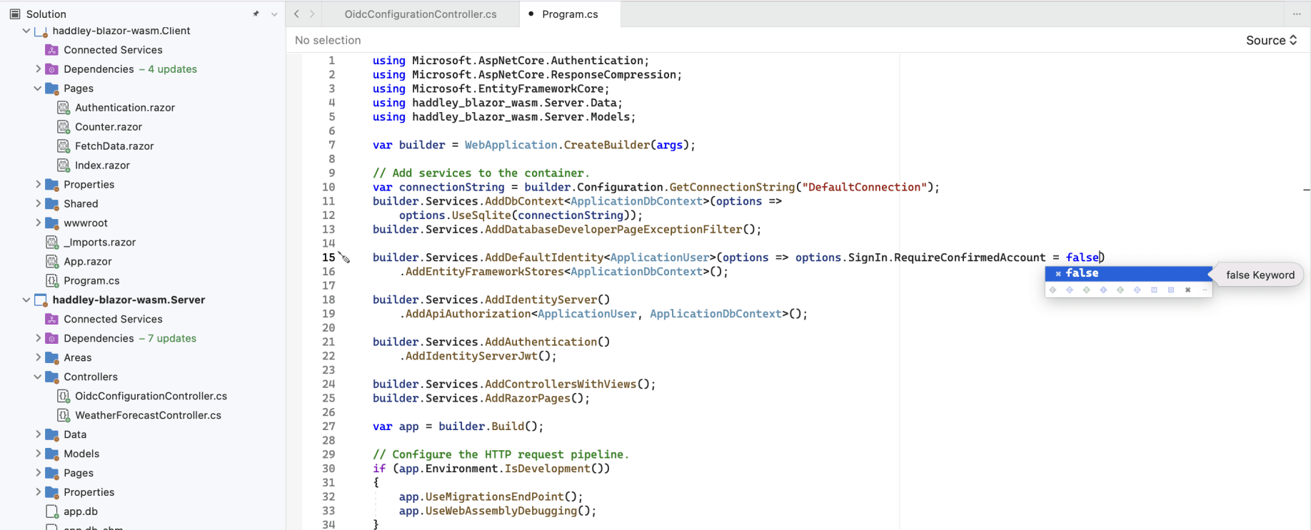 I reviewed the Program.cs file. The template includes a local user database.