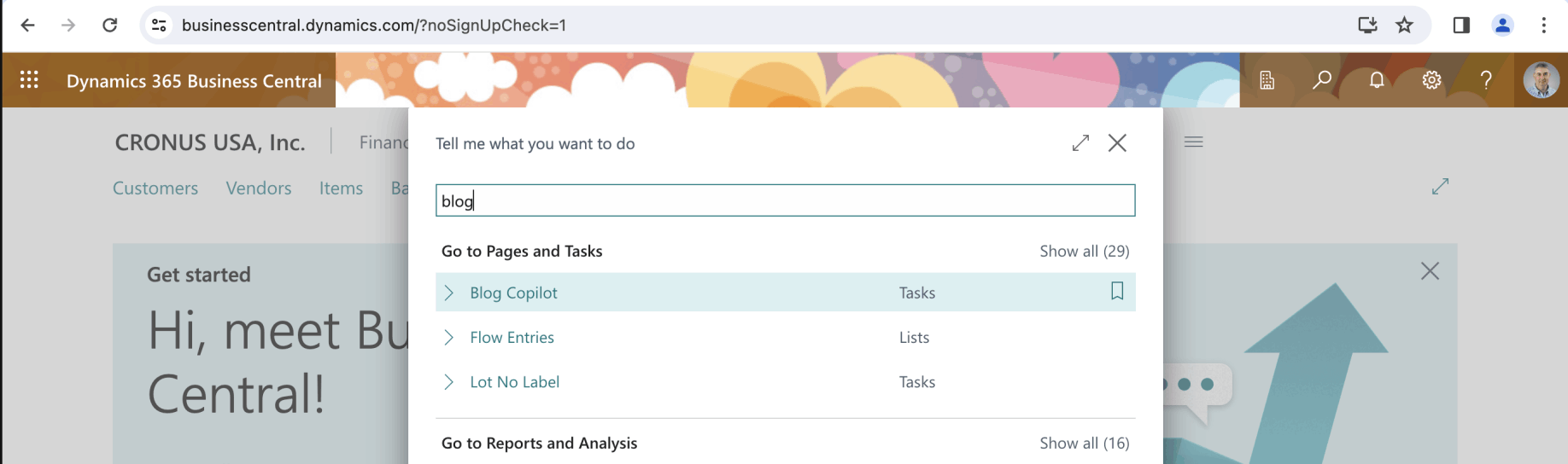 With the Business Central extension deployed I navigated to the Blog Copilot page using the search function