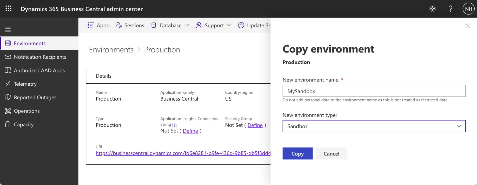 I selected Sandbox environment type and entered "MySandbox" as the new environment name