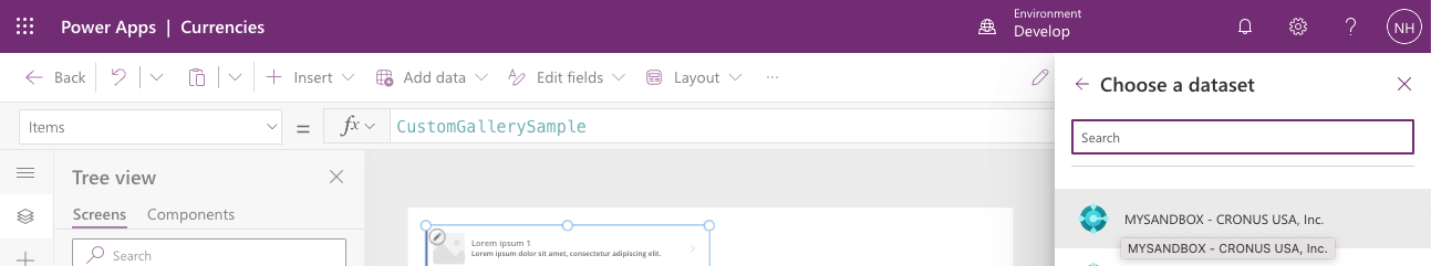 I selected the "CRONUS USA, Inc." company in the "MYSANDBOX" environment.