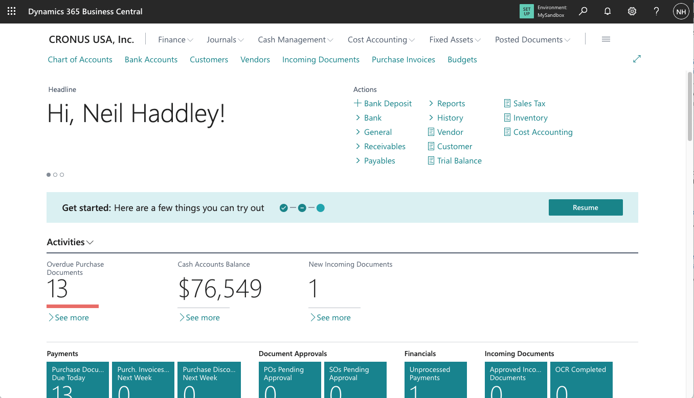 I navigated to CRONUS USA, Inc company accounts in my MySandbox environment - Dynamics 365 Business Central