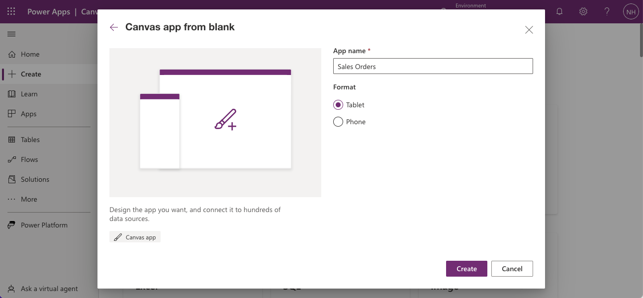I entered "Sales Orders" and clicked the Table radio button
