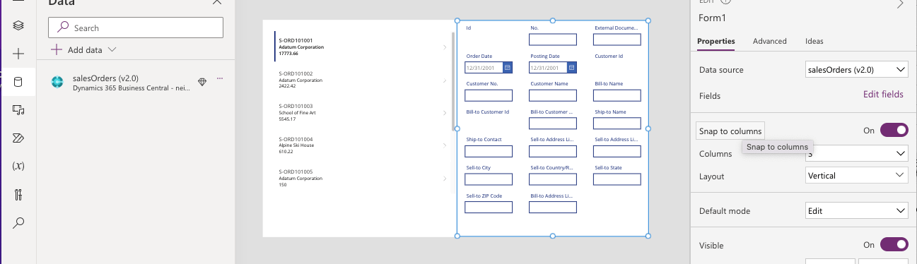 I set the Data source of the Form to the (same) Sales Orders table