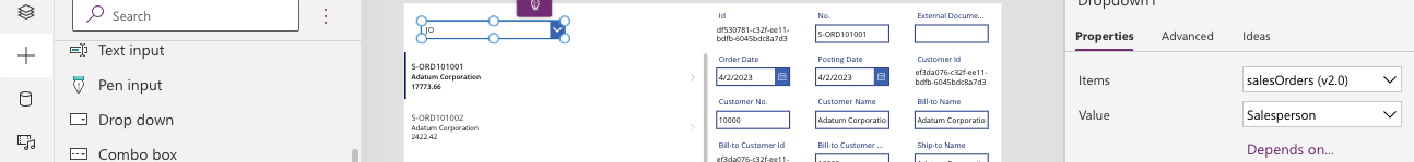 I set the Data source of the Drop down list to the (same) Sales Orders table