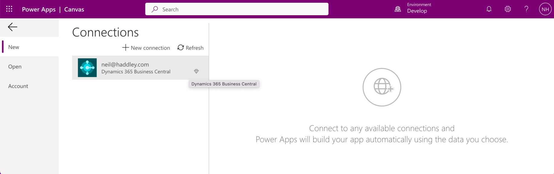 I selected the Dynamics 365 Business Central connection
