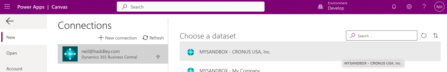 I selected the CRONUS USA company in the MYSANDBOX environment