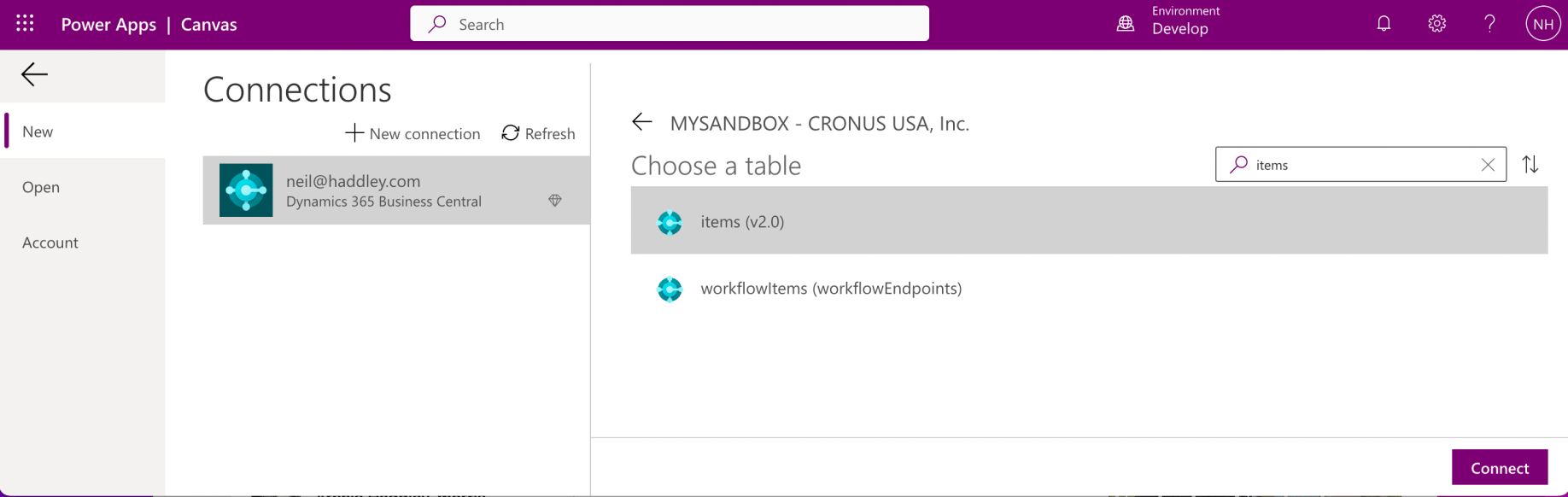 I selected the "items" table