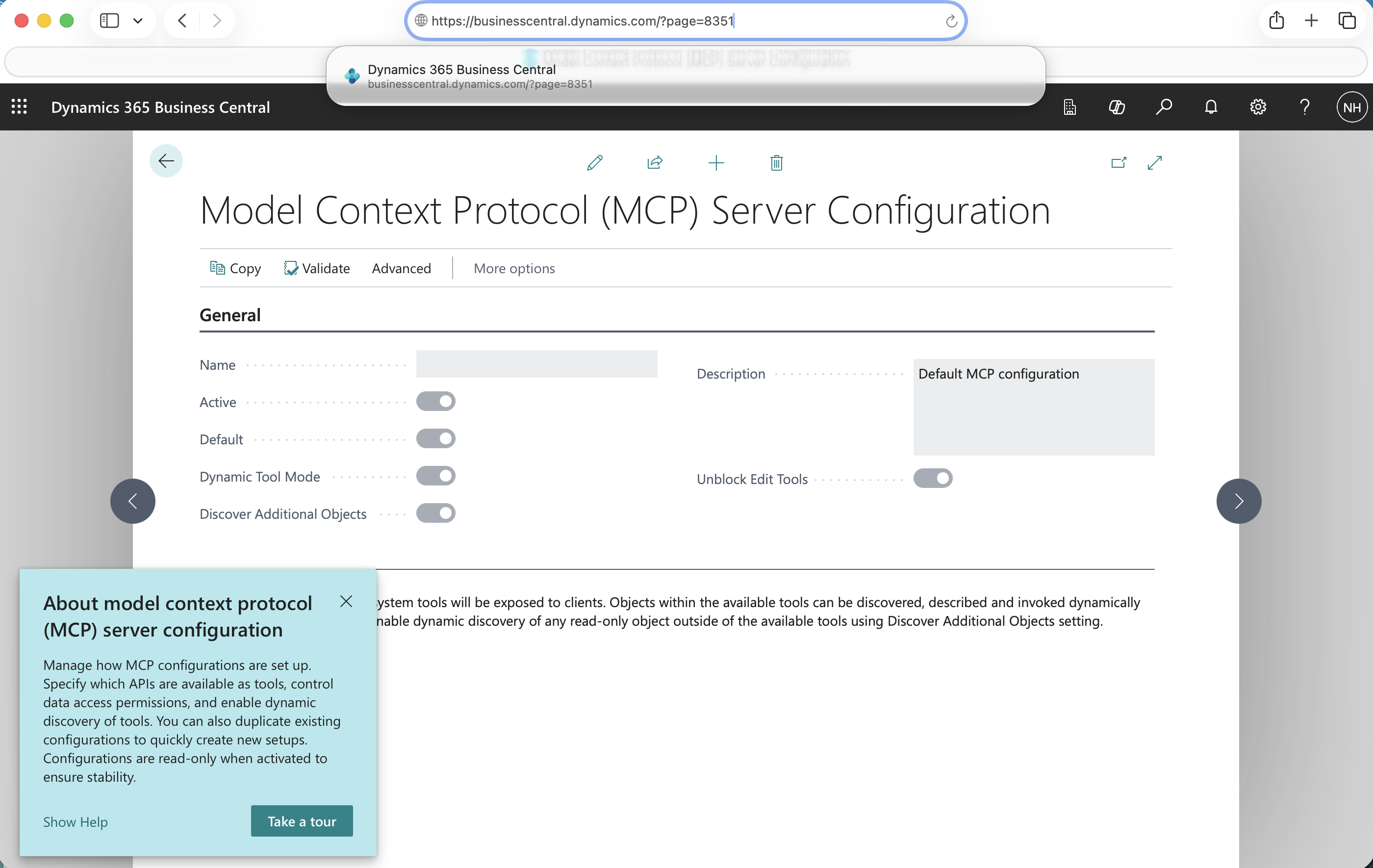 I navigated to the Model Context Protocol (MCP) Server Configuration page and found the existing Default MCP configuration, with Dynamic Tool Mode switched on