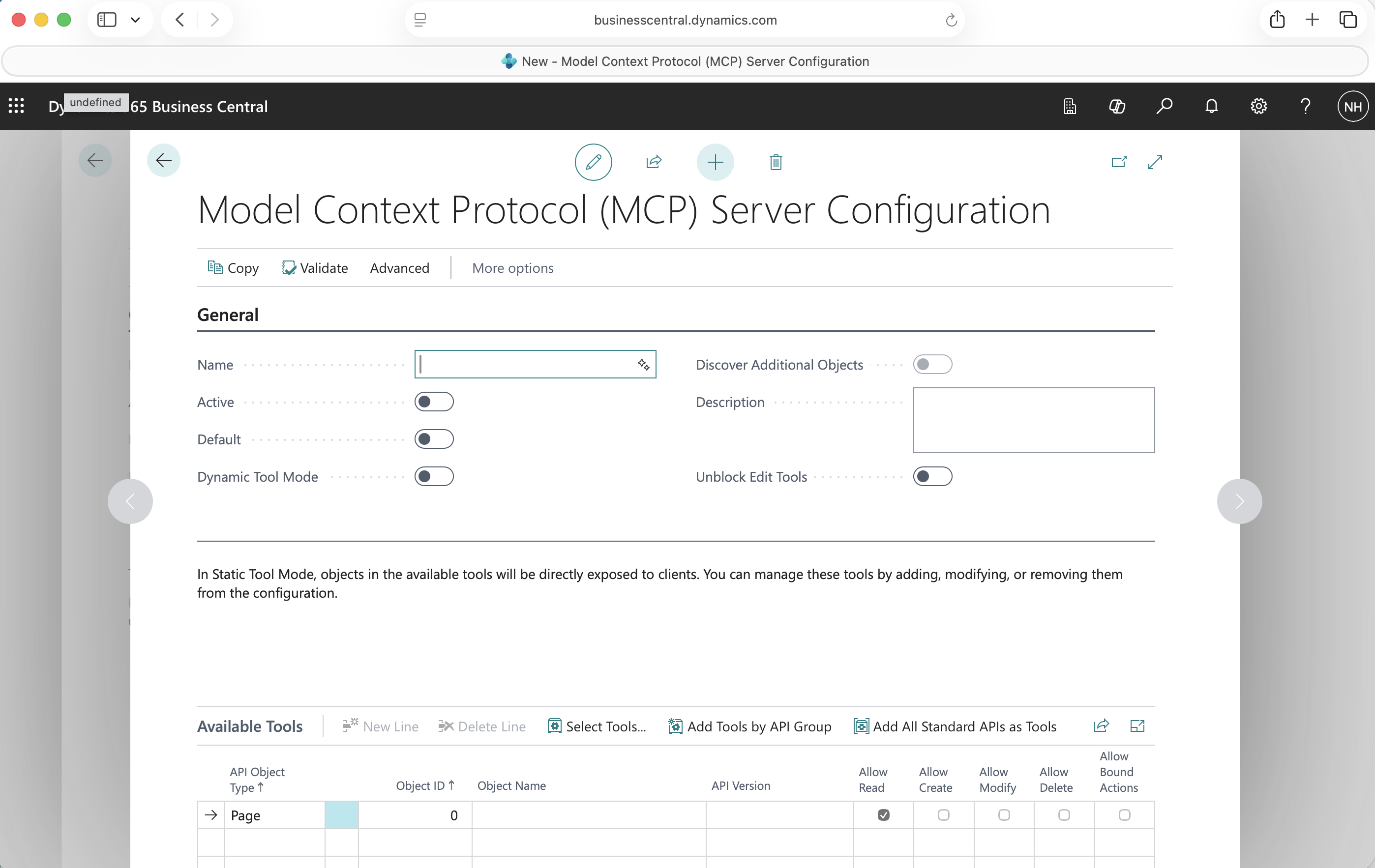 I clicked New to start a blank Model Context Protocol (MCP) Server Configuration, with Dynamic Tool Mode left off