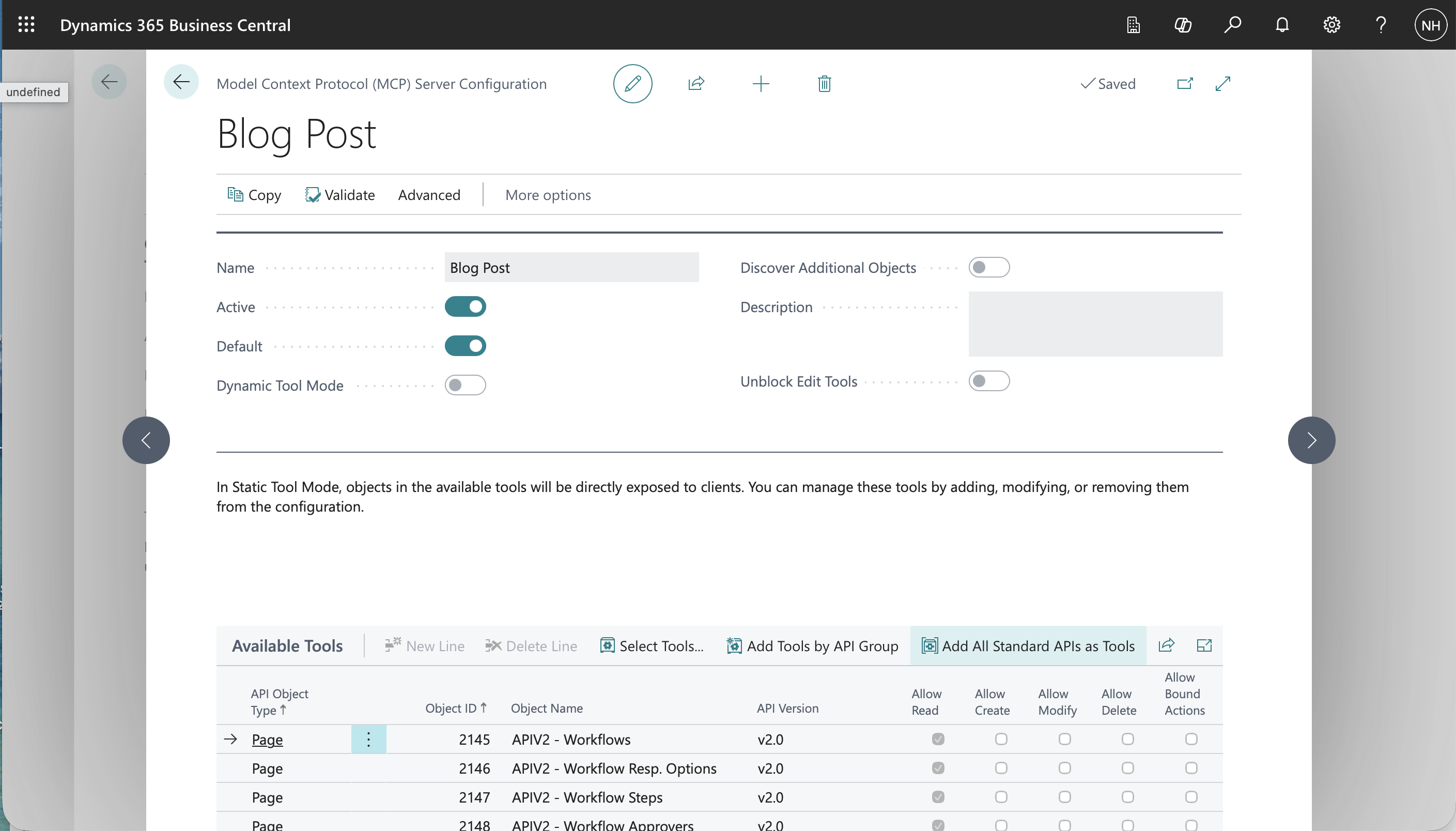 I named the configuration "Blog Post", switched Active and Default on, clicked Add All Standard APIs as Tools, and the configuration saved with every standard APIv2 page listed as a read-only tool