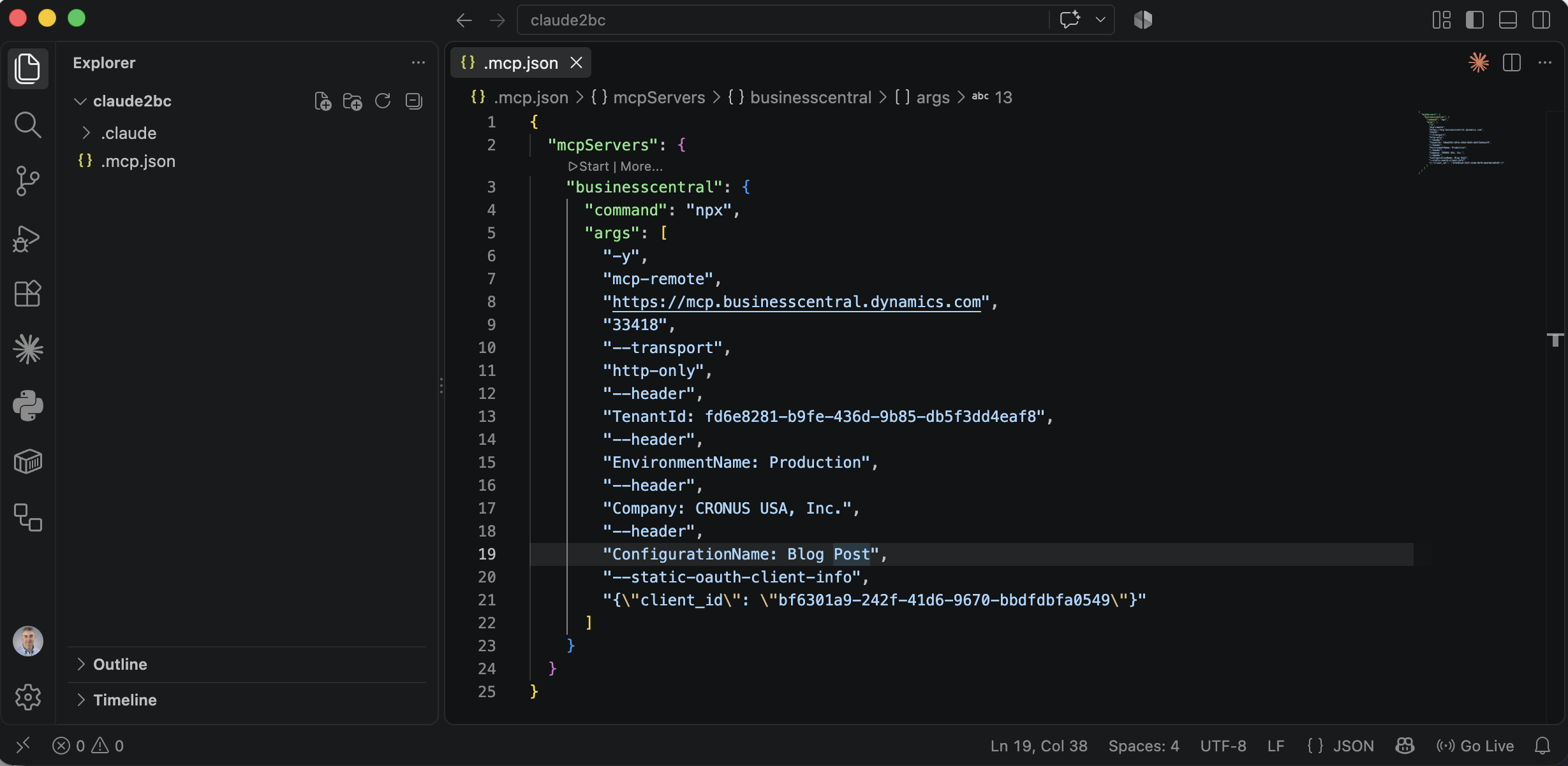 I created .mcp.json in the project root, pointing mcp-remote at the Business Central MCP endpoint with the tenant ID, environment, company, configuration name, and client ID captured in Parts 1 and 2