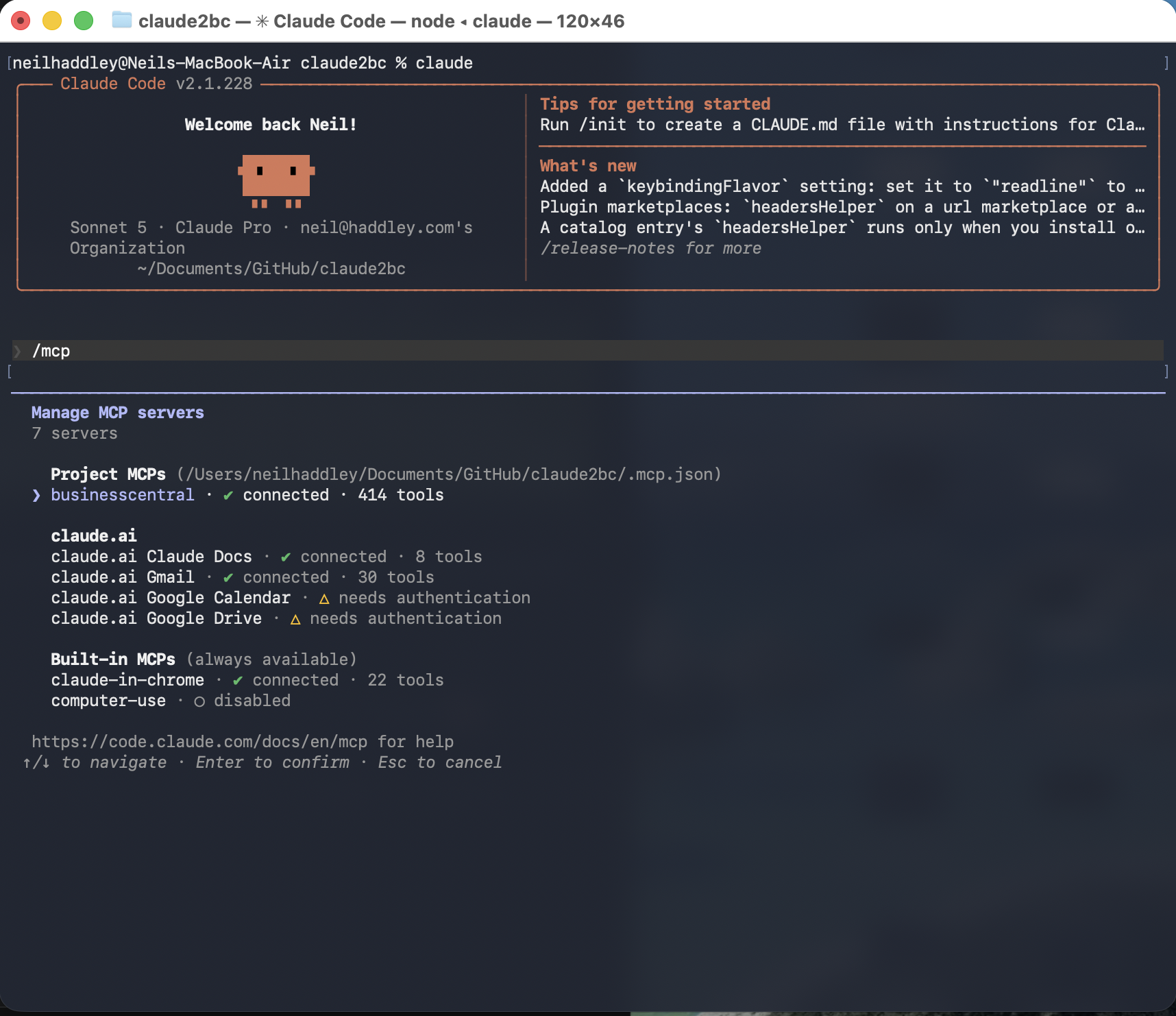 `/mcp` listed businesscentral as a Project MCP, connected, with 414 tools