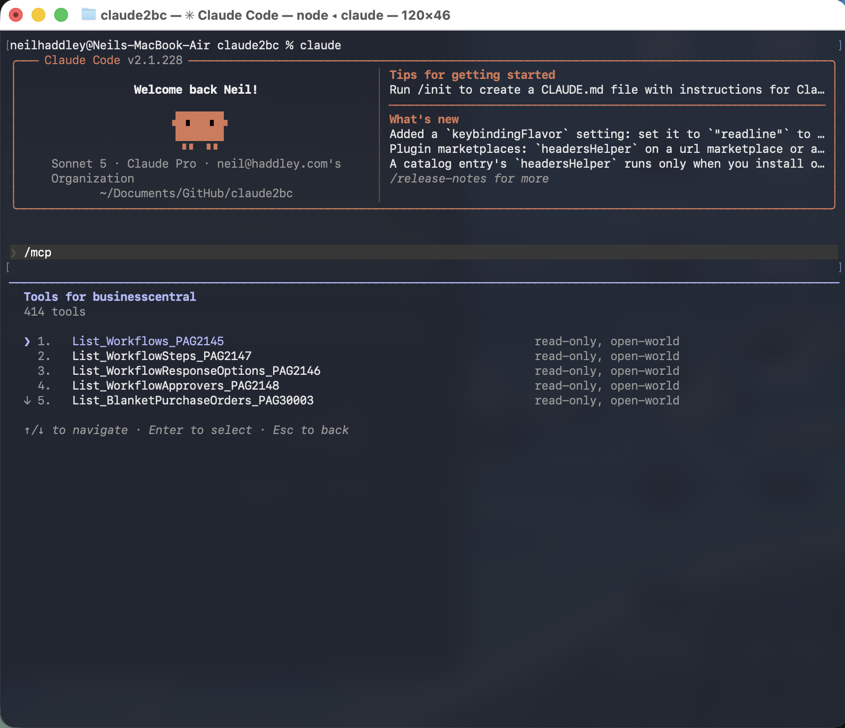 Tools for businesscentral: 414 read-only tools, one per APIv2 page, such as List_Workflows_PAG2145 and List_WorkflowSteps_PAG2147
