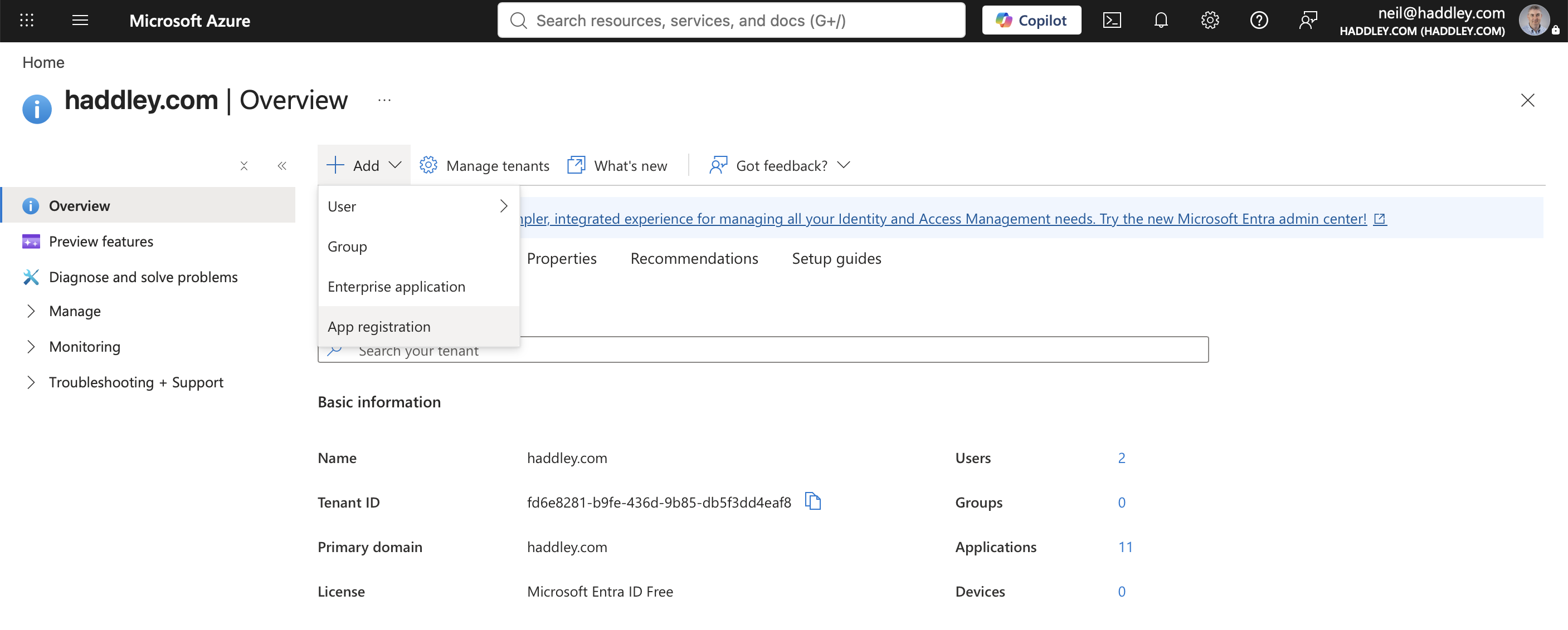I opened the haddley.com tenant's Overview page and clicked Add, then App registration