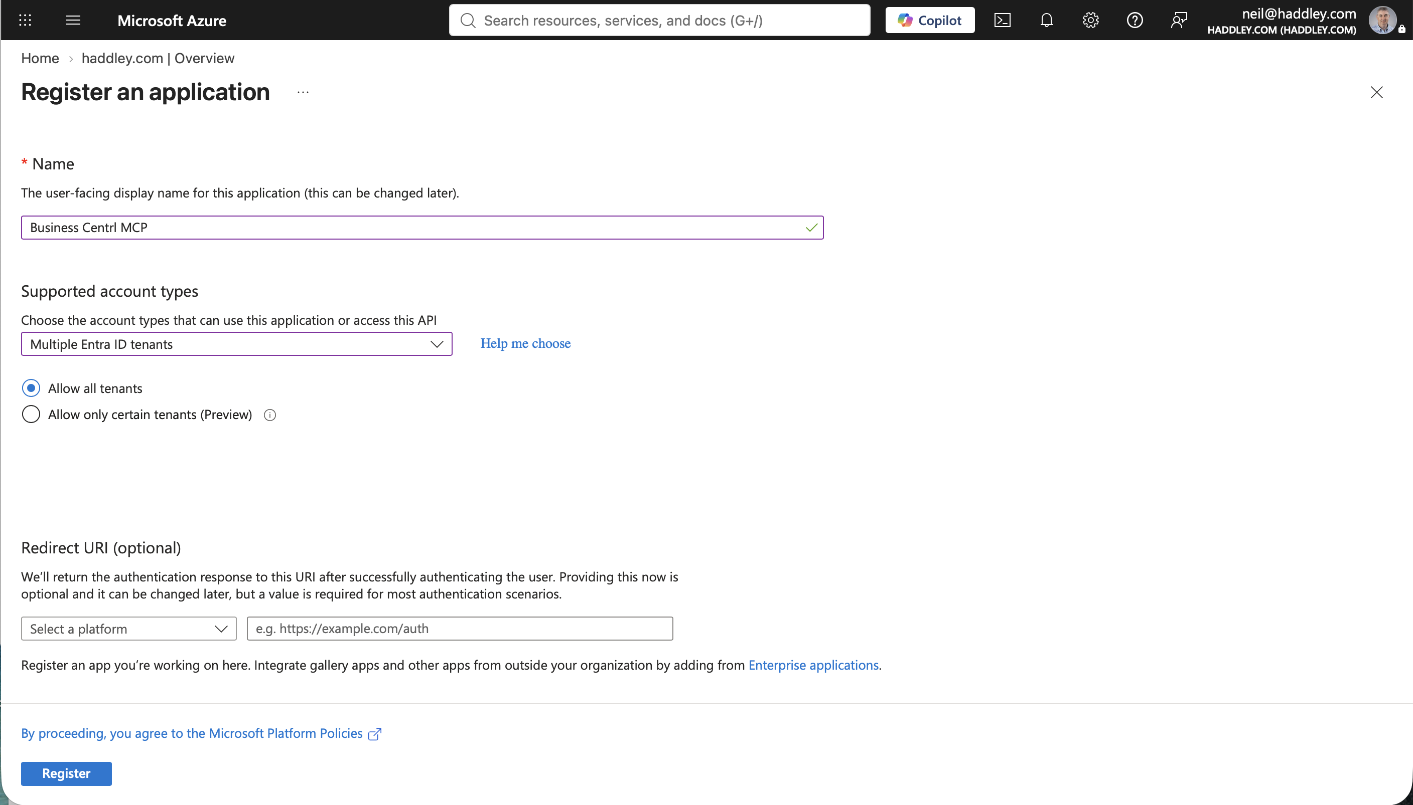 I named the app, chose Multiple Entra ID tenants under Supported account types, and left Redirect URI blank, then clicked Register