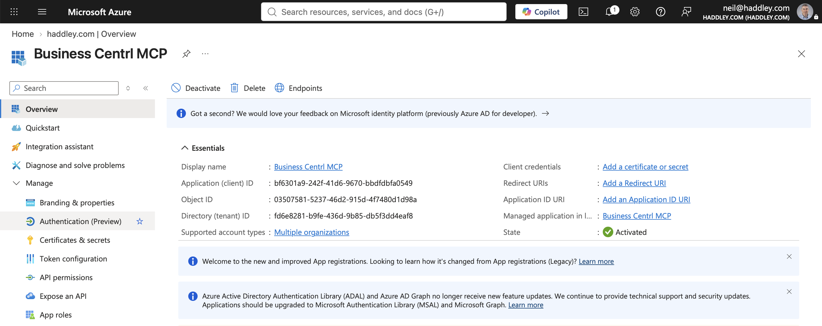 The app registration was created
