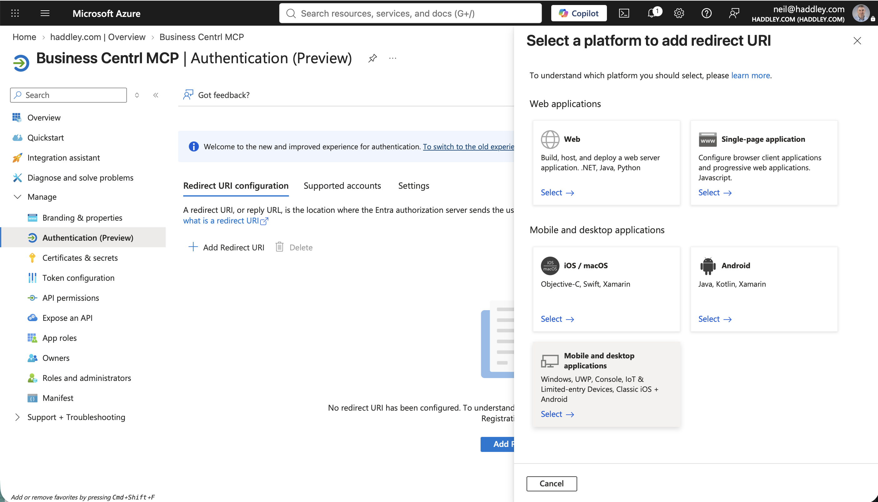 I selected Authentication in the left navigation, clicked Add Redirect URI, then chose the Mobile and desktop applications platform