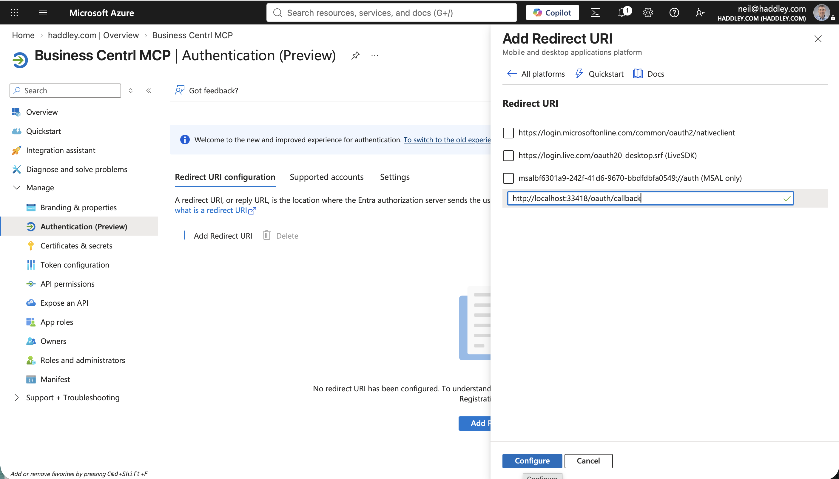 I entered http://localhost:33418/oauth/callback as the redirect URI