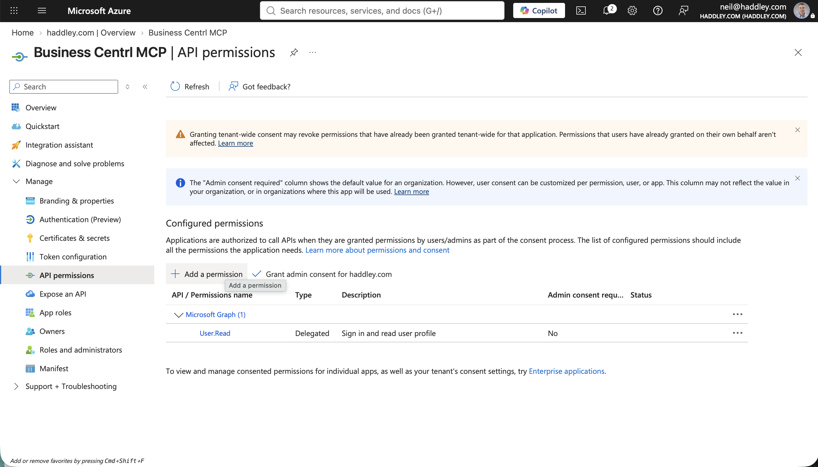 Configured permissions started with only Microsoft Graph's User.Read