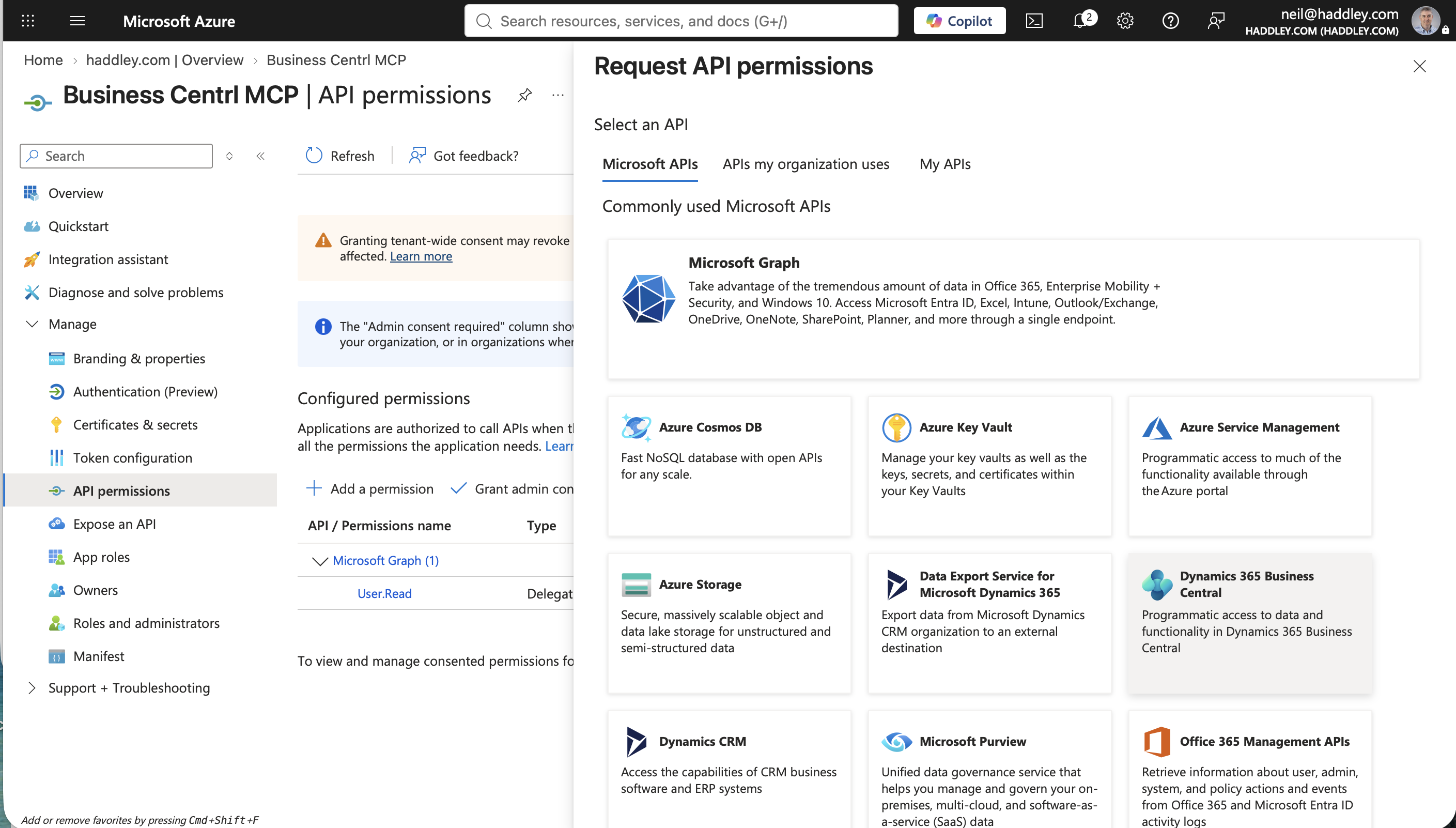 I selected Dynamics 365 Business Central from the Microsoft APIs tab