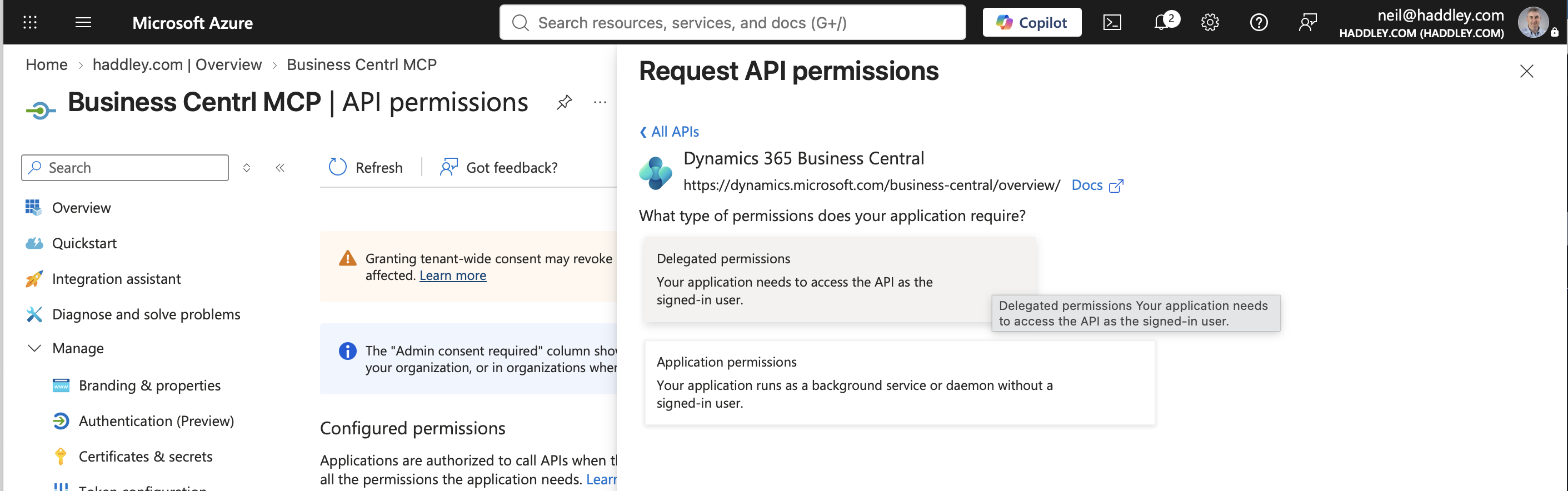 I chose Delegated permissions