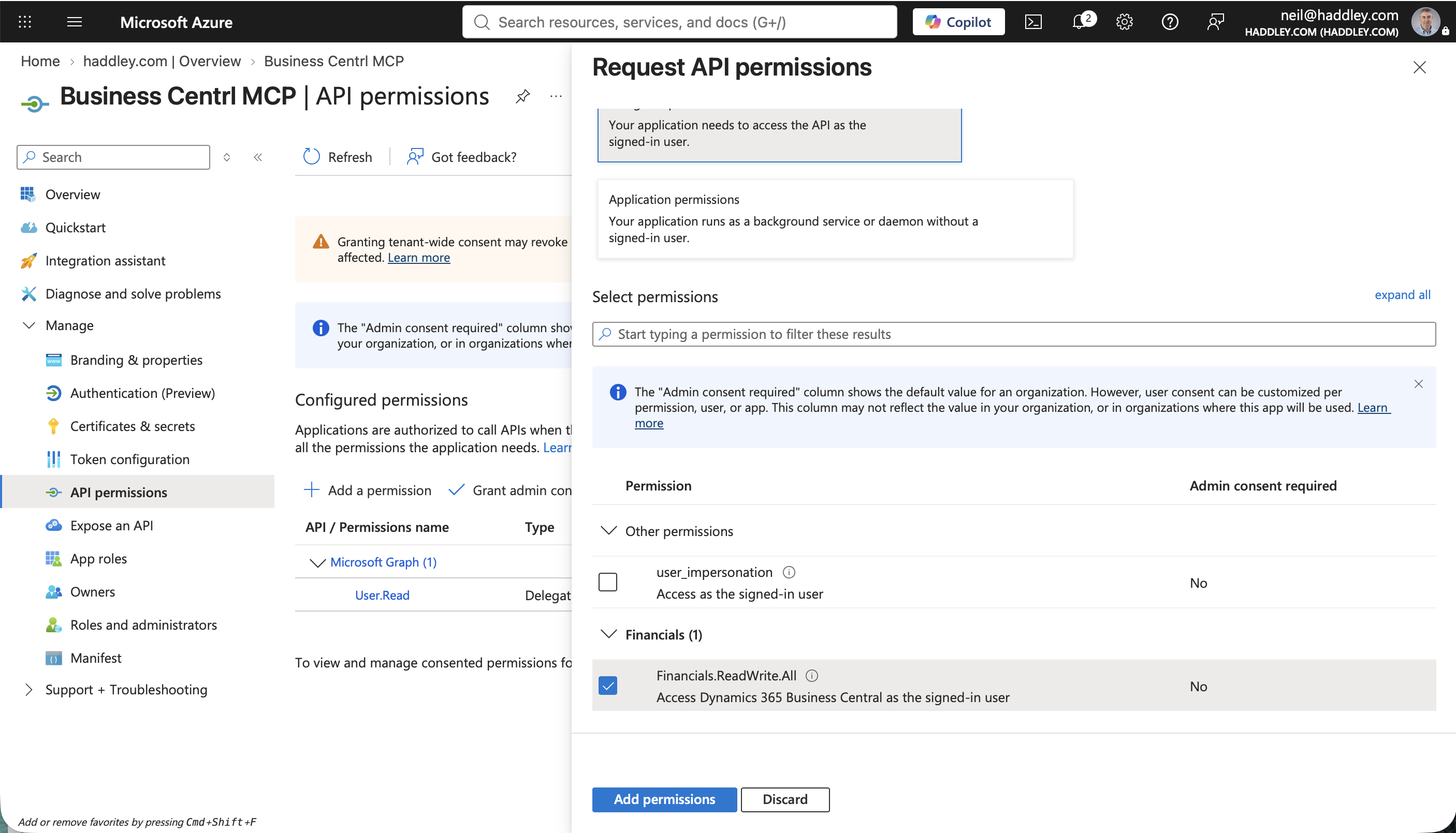 I checked Financials.ReadWrite.All under the Business Central API's delegated permissions