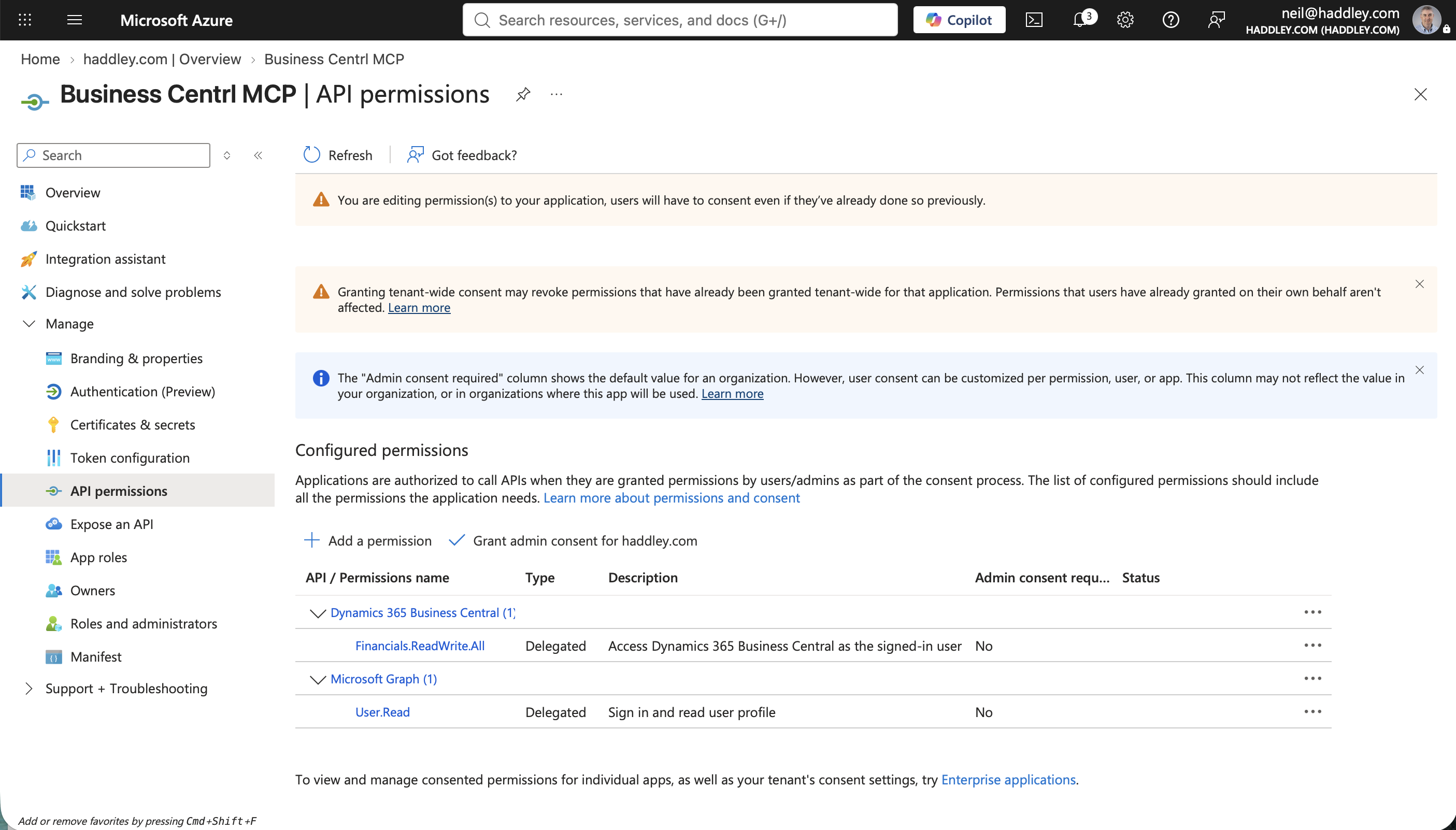 Both permissions were listed: Financials.ReadWrite.All against Business Central, and User.Read against Microsoft Graph