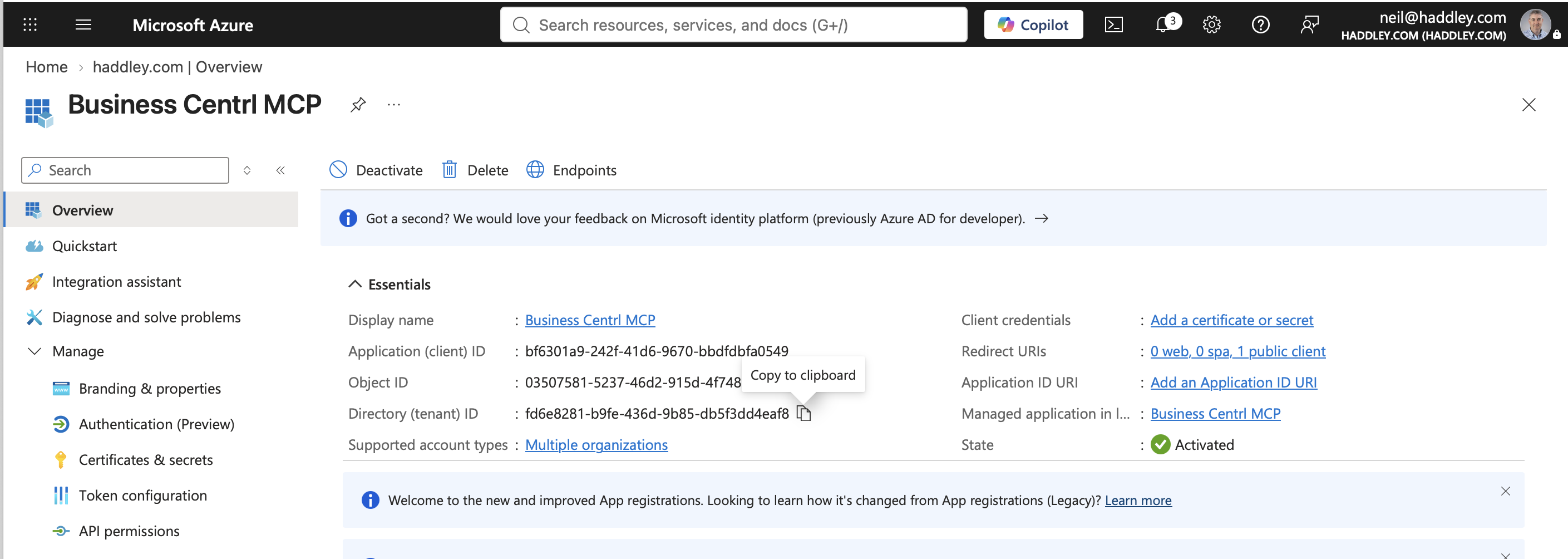 I copied the Directory (tenant) ID from the same page
