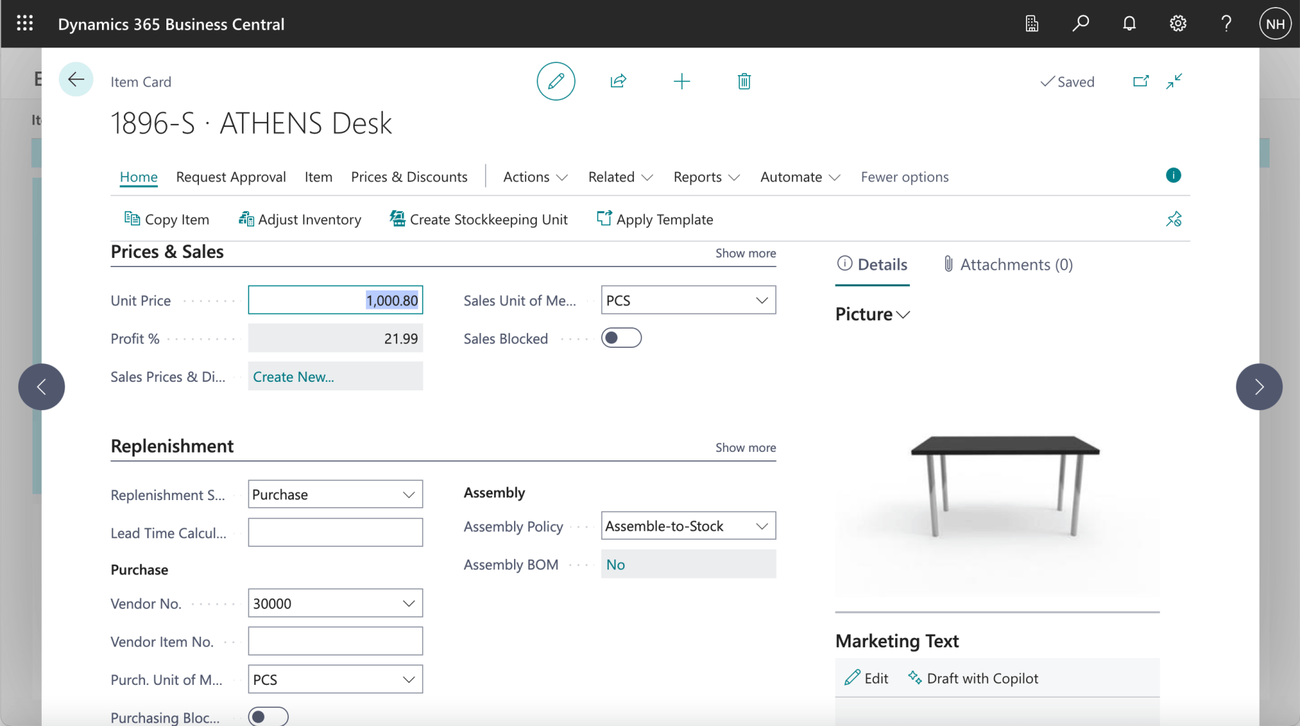 In the Evaluation company the ATHENS Desk item had a unit price of $1,000.80