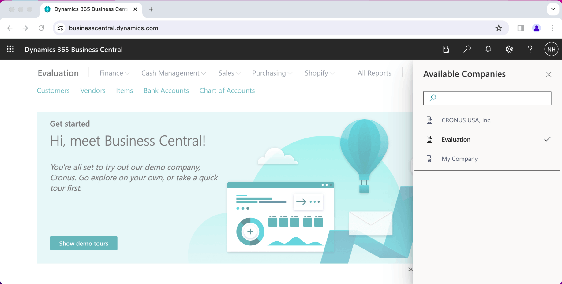 I navigated to Business Central and reviewed the three companies listed.
