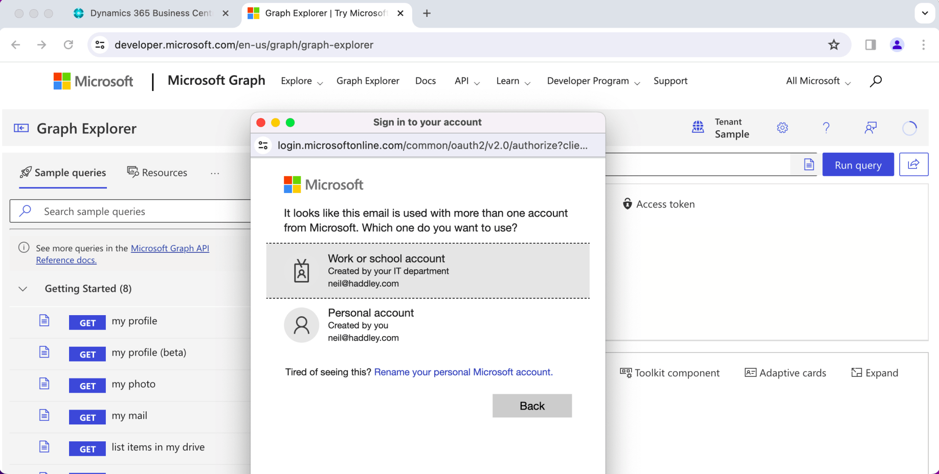 I navigated to https://developer.microsoft.com/en-us/graph/graph-explorer and clicked the login button