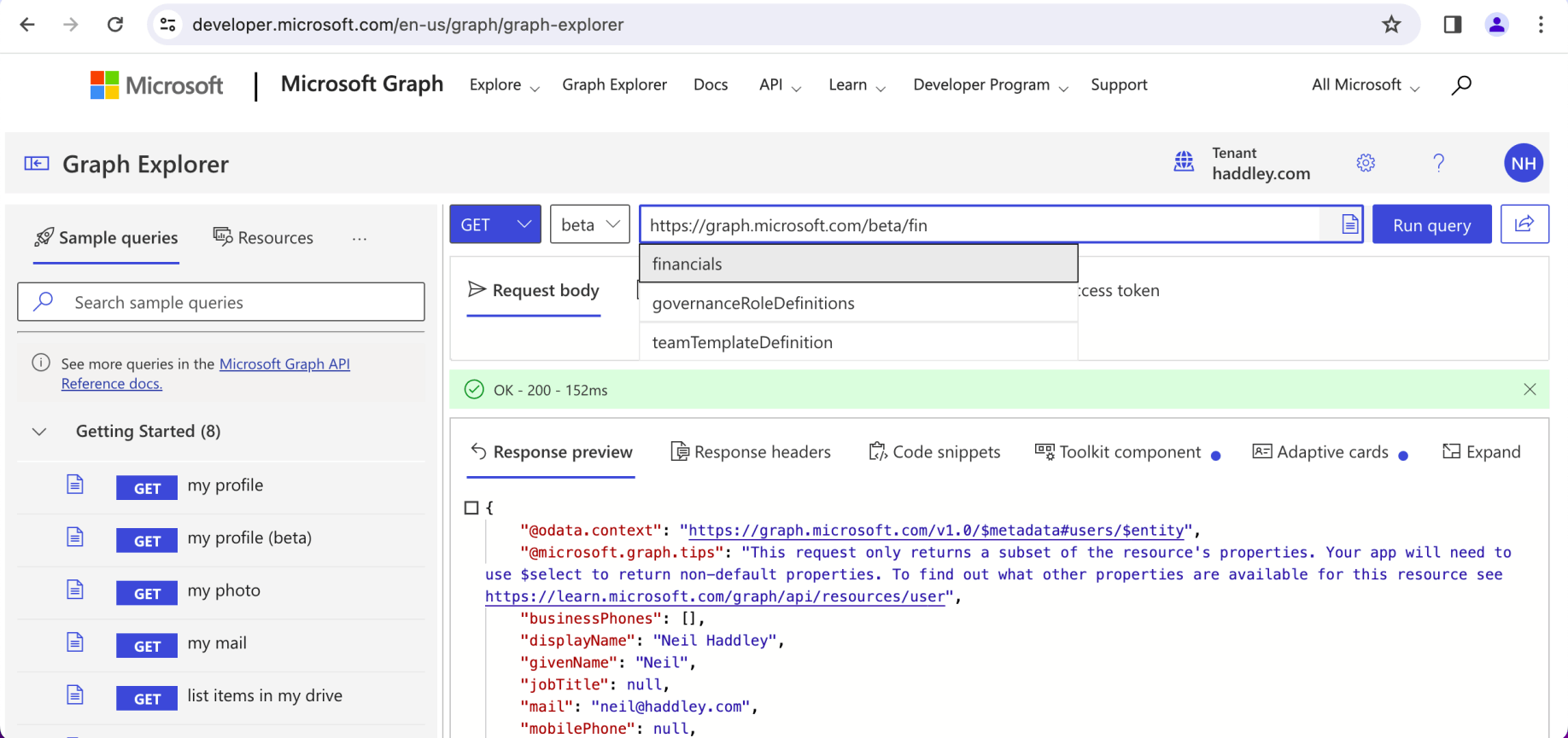 I switched to the beta endpoint. Typeahead suggested financials