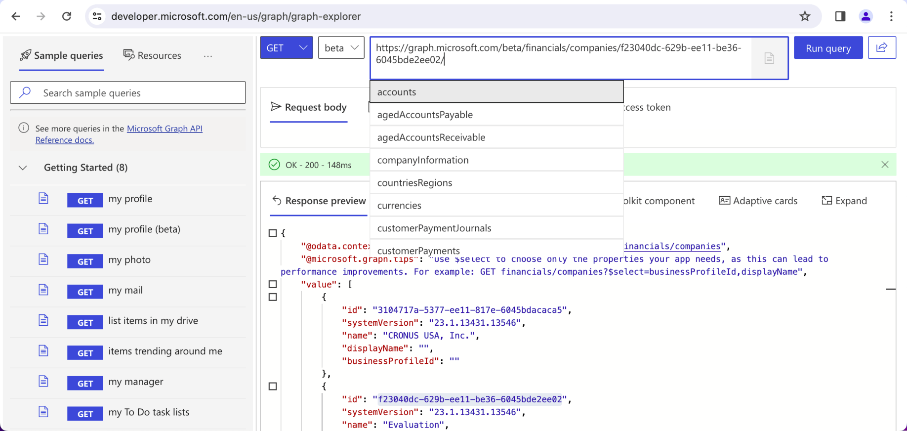 I added the id of company Evaluation (shown above) to the request url. Typeahead provided a list of options.