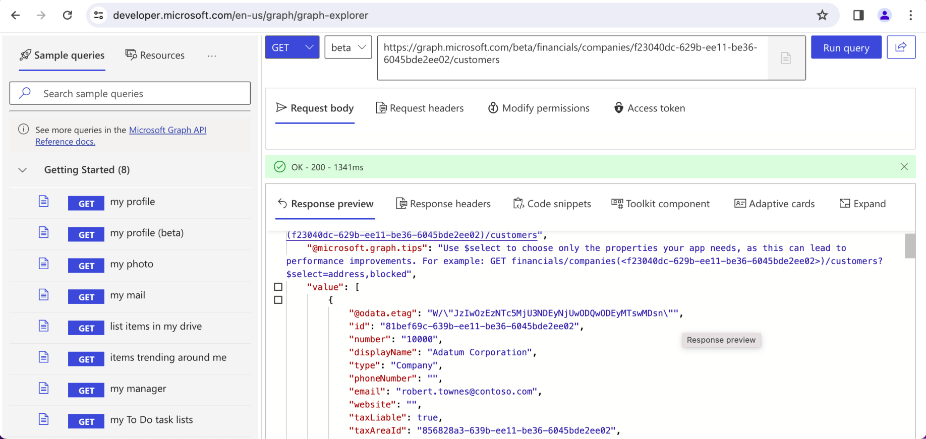 I selected customers from the typeahead. I made a GET request to https://graph.../customers
