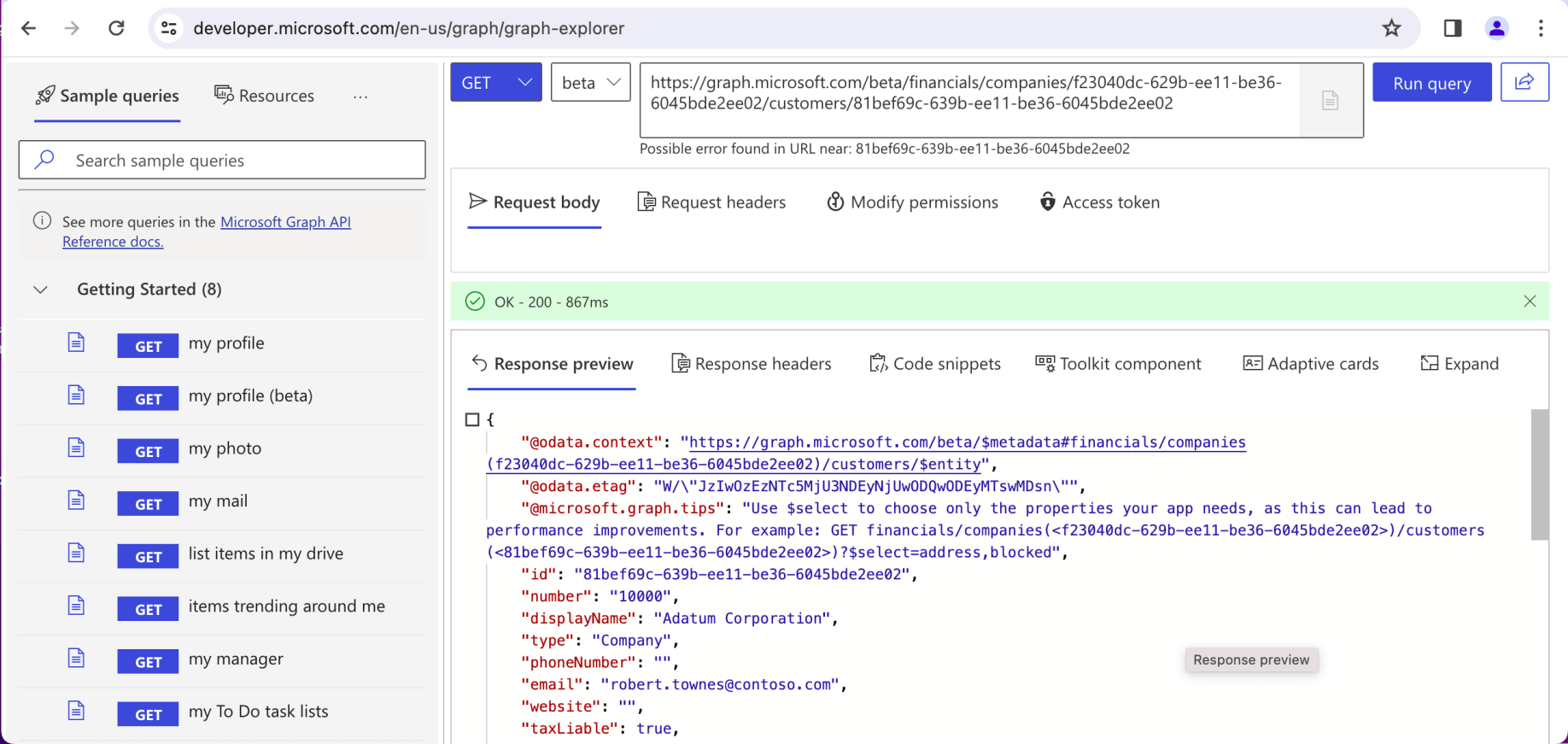 I added the id of customer Adatum Corporation to the get request URL.